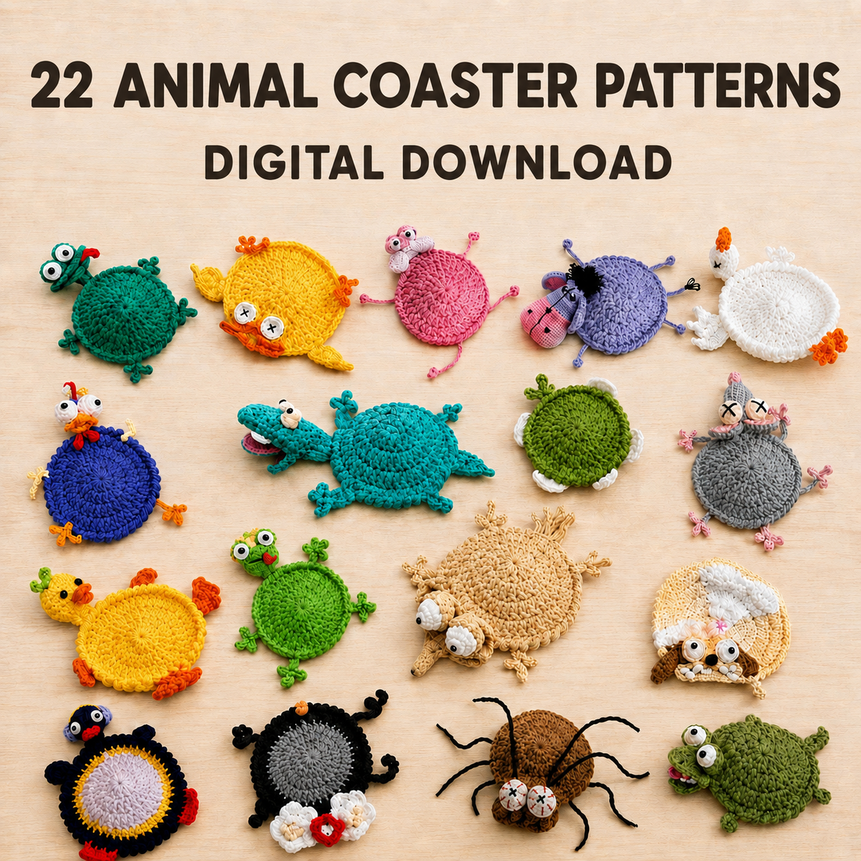 22 in 1 Animal Crochet Coaster Pattern Bundle