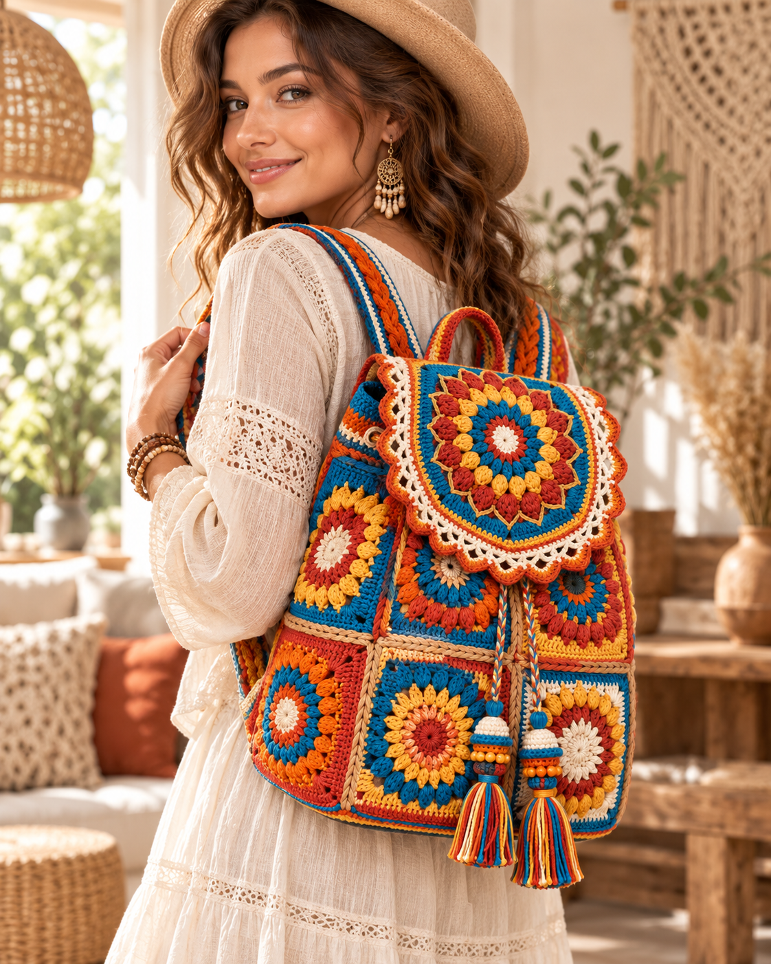 Floral Drawstring Crochet Backpack Pattern