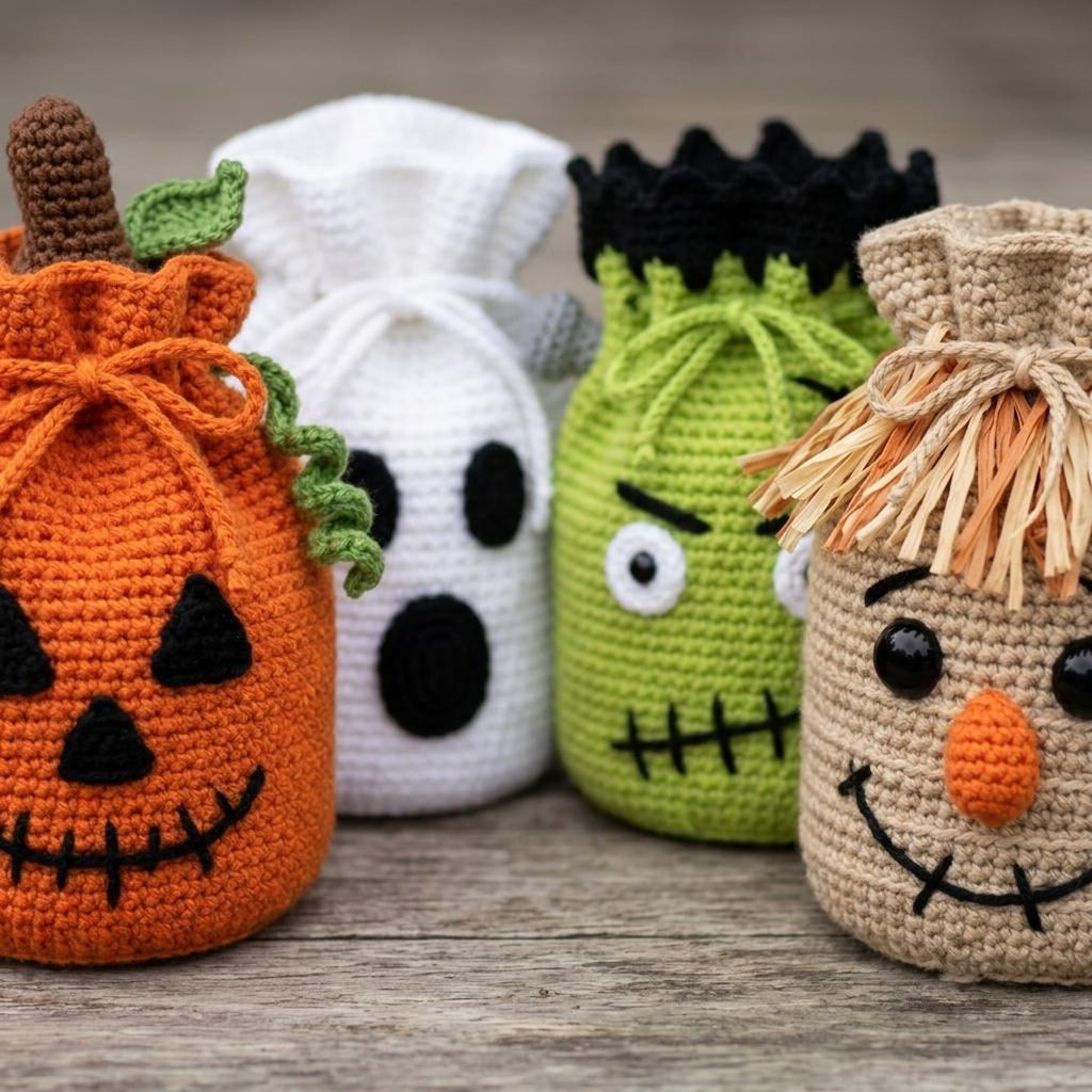 Halloween Treat Bag Crochet Pattern Bundle – 4 Spooky Designs